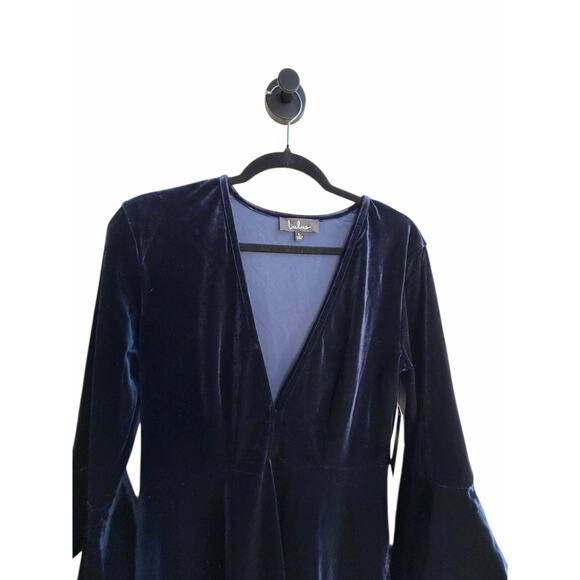 Lulus Navy Blue Velvet Bell Sleeve Skater Dress Small Deep V Cocktail Party - Picture 6 of 12